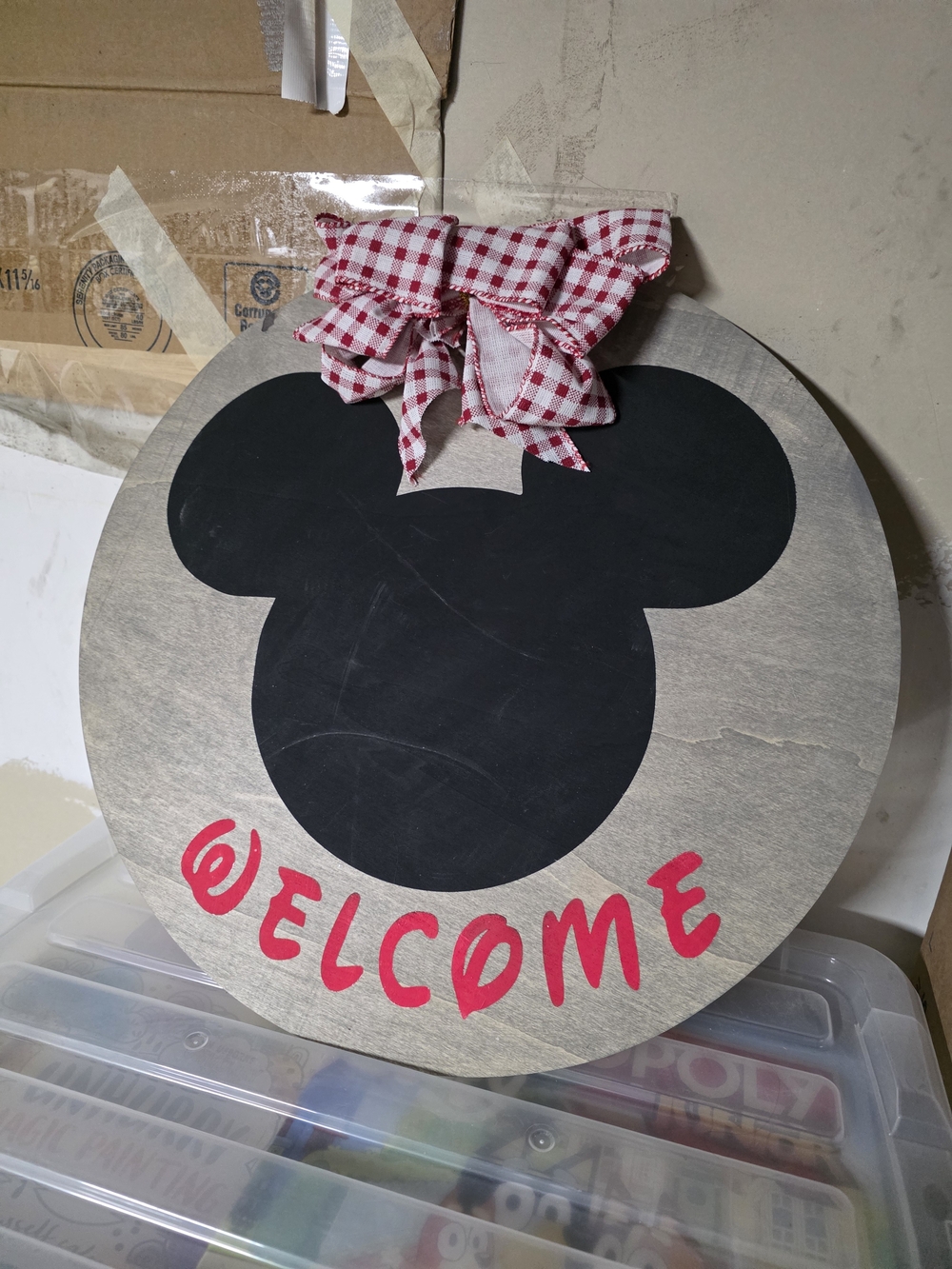 Mickey Mouse Style Welcome Sign with Red Plaid Bow